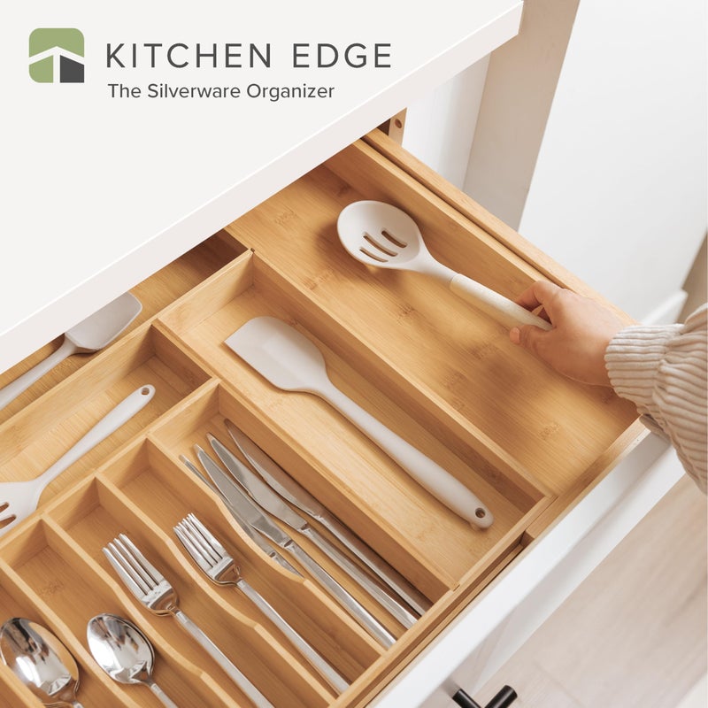 KitchenEdge Premium Silverware, Flatware and Utensil Organizer for Kitchen Drawers, Food-Safe Contract Grade, Expandable from 16 to 28 In, Natural Bamboo - Image 2